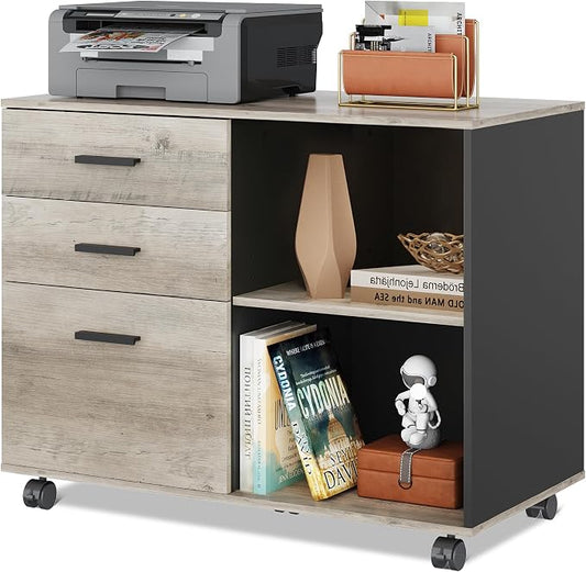 DEVAISE 3-Drawer Mobile File Cabinet, Lateral Filing Cabinet, Greige | Wood, Rolling Printer Stand, Under Desk Storage, Open Shelves, Fits Letter & A4 File, Home Office