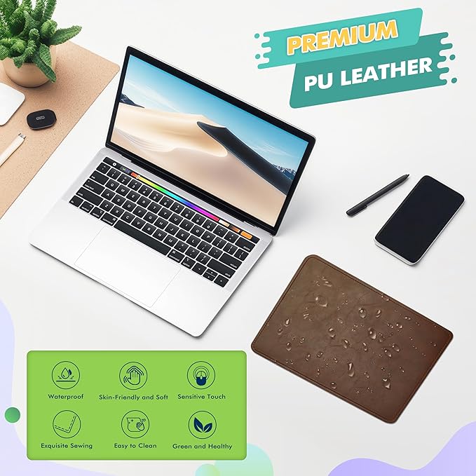 PU Leather Mouse Pad with Stitched Edge, Micro-Fiber Base, Non-Slip Waterproof, 8x11Inch (Dark Caramel Brown)