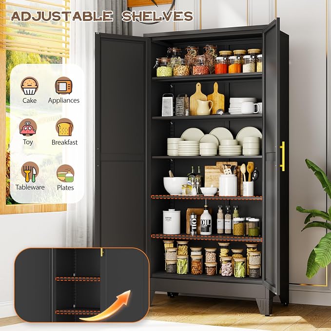 winiowa Tall Metal Kitchen Pantry Storage Cabinet with 2 Doors and 5 Adjustable Shelves - 75.2" Kitchen Cabinet with Gold Handles for Kitchen, Bathroom, Dining Room, Living Room - Black