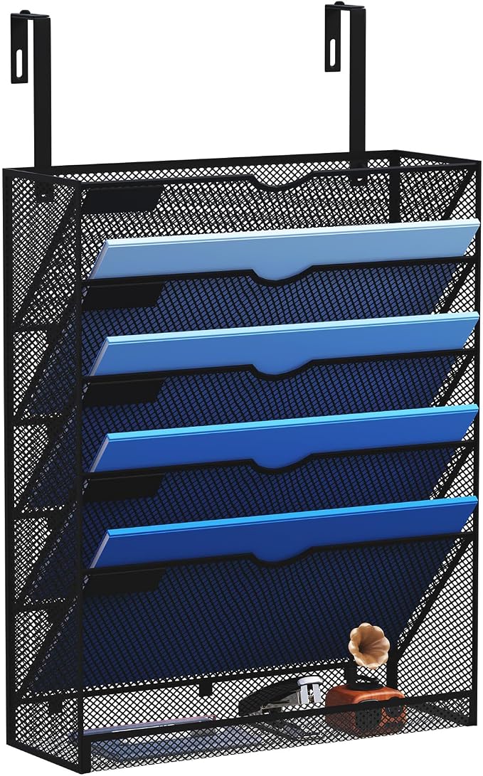 6-Tier Hanging File Organizer Office Cubicle Accessories for Work Organizer Wall Mount File Holder for Mails Folders Papers Magazine Organization, Black