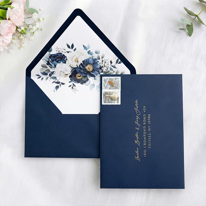 PONATIA 50PCS A7 Euro Flap Envelopes, 5.25 x 7.25'' Liner Envelope For 5x7'' Weddings Invitation Cards, Christmas Gift Cards, Acrylic Invitations, Photos (Navy Blue)