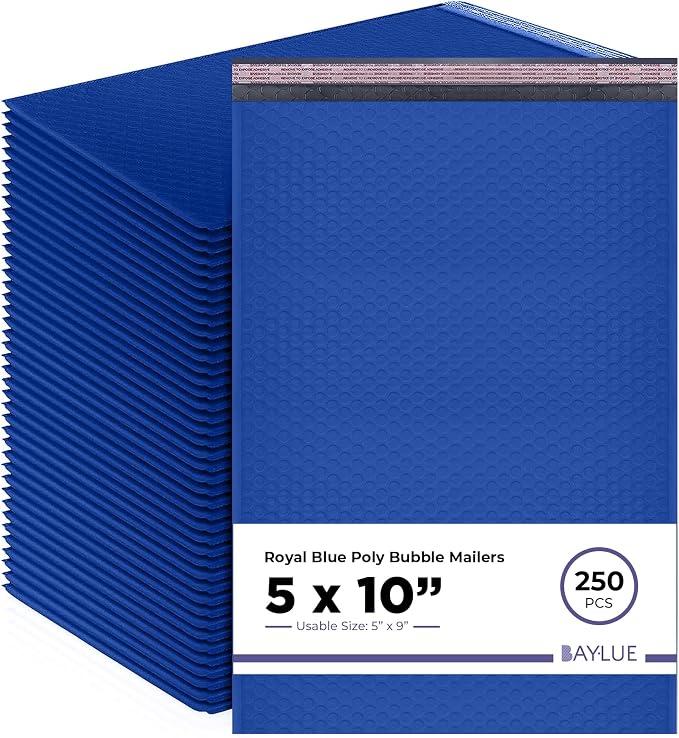 Royal Blue Bubble Mailers 5x10, Poly Padded Envelopes #00, 250 Pack | Fits Jewelry & Small Accessories, Self-Seal Closure, Cushioned Protection, Water-Resistant Poly, Bulk Pack for Small Business