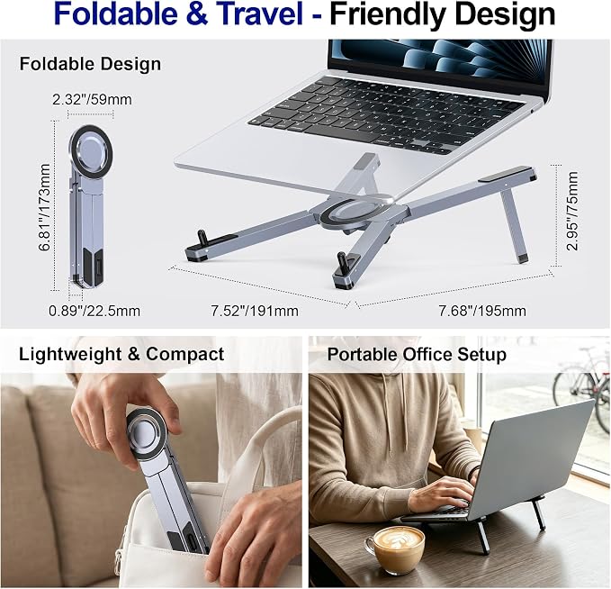 Laptop Stand for Desk, 3-in-1 Magnetic Phone Holder, Foldable | 3-in-1 Portable Laptop Stand, N52 Magnetic Phone Holder, Supports Laptops & Tablets up to 15", Foldable Aluminum Alloy