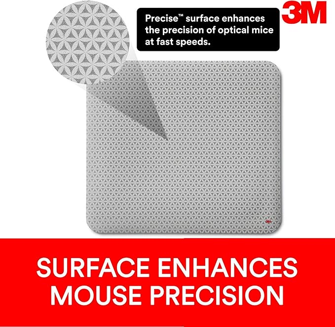 3M Precise Mouse Pad Enhances the Precision of Optical Mice at Fast Speeds, Easy to Clean, Stays in Place, 9 in x 8 in (MP114-BSD1)
