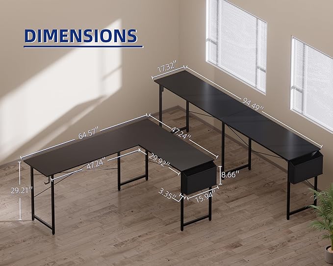Pamray 64.5 Inch Reversible L Shaped Gaming Desk Large Corner Computer Desk with Storage Bag Home Office Table for Writing Study Vintage