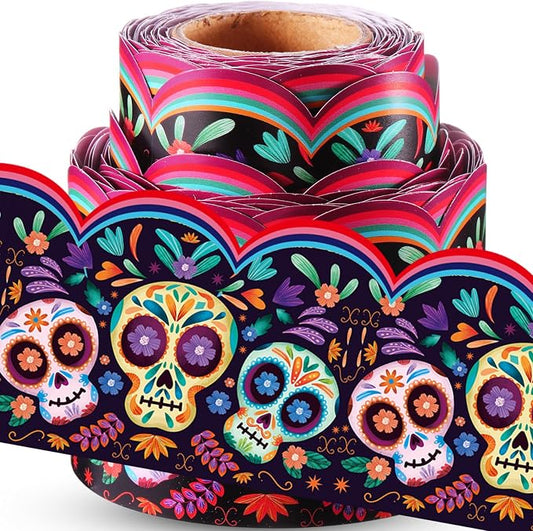 32.8 Ft Day of The Dead Bulletin Board Borders Skull Wavy Trim | Vibrant Skull Patterns with Wildflowers, Scalloped for Classroom Bulletin Boards and Fiesta Decor
