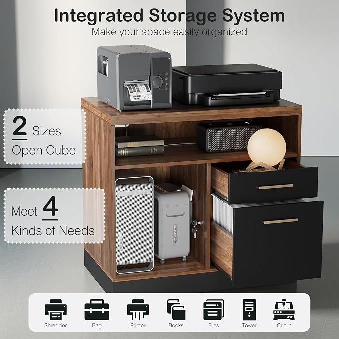 2 Drawer Lateral File Cabinet with Lock for Home Office | Filing Cabinet for A4 / Letter Documents, 31.5"W * 19.5"D * 29.5"H, Credenza w/ Built-in Power Outlet, Printer Stand