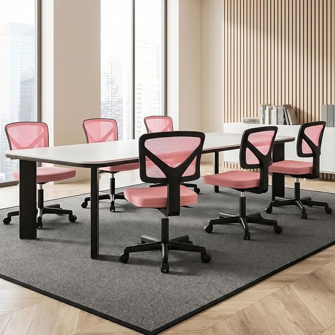Sweetcrispy Small Armless Desk Chair, Mesh Rolling Office Chairs | Adjustable Ergonomic Lumbar Support, Low-Back, Swivel Wheels, Home Work, Bedroom, Study, Student, Adults, Classic Pink