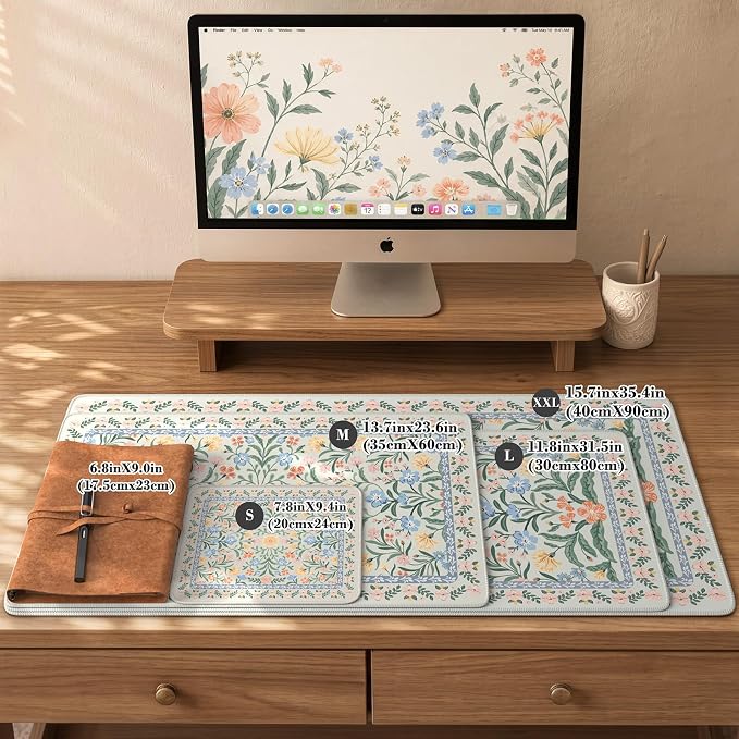 iCasso Aesthetic Flower Mouse Pad,23.6x13.7in, Green Floral | Desk Pad Mat, Desk Matt for Desktop Anti-Slip Mousepad with Stitched Edges for Laptop Computer Keyboard