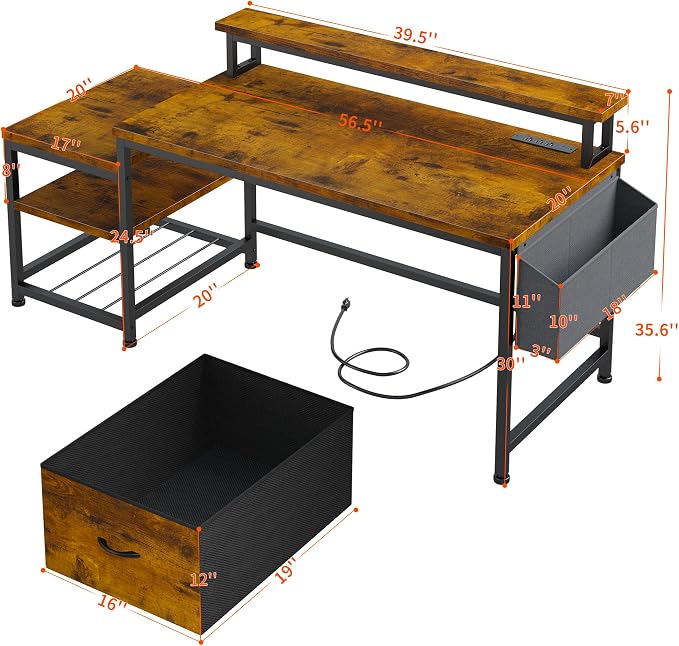 EnHomee 56.5" Office Desk with Drawers & Printer Space for Home Work,Brown | Computer Desk with 3 AC Outlets& 2 USB Ports,40"*7" Long Monitor Stand,Side Pockets with Storage Space,Home Office,Bedroom