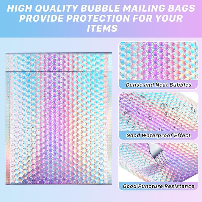 25 Pcs Metallic Bubble Mailers, 8x10 Inch Holographic Bubble Mailers, Poly Padded Envelopes, Self Sealing Shipping Bags, Waterproof Cushion Envelopes for Mailing Packaging Small Business