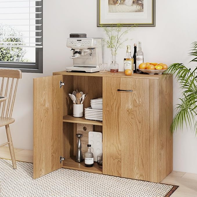 Giantex 38" Sideboard Cabinet with 2 Doors & 4 Shelves (Natural) | Bathroom Storage Organizer with Anti-Tipping Device, Metal Hinges, Credenza for Living Room, Kitchen, Entryway