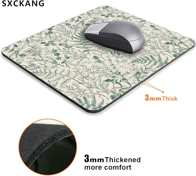 Vintage Botanical Coniferous Branches Mouse Pad, Wild Herbs Plant Mousepad, Square Cute Mouse Pad Design for Office Work, Non-Slip Rubber Gaming Mouse Mat for Computer Laptop, Leaves Aesthetic