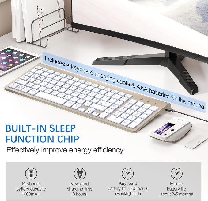 Wireless Backlit Keyboard and Mouse Ultra Slim Combo, TopMate - Gold White | 2.4G Silent Compact 2400DPI Mouse and Scissor Switch Keyboard Set, Batteries Included, for PC/Laptop/Windows/Mac/Gaming