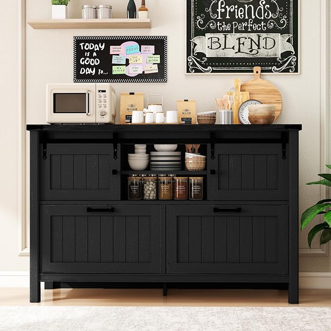 Farmhouse File Cabinet for Legal/ A4 /Letter Size, Black | Filling Cabinet Printer Stand with Outlets & USB Ports for Home Office, Remote Work, Entryway, Sliding Doors & 2 Drawers