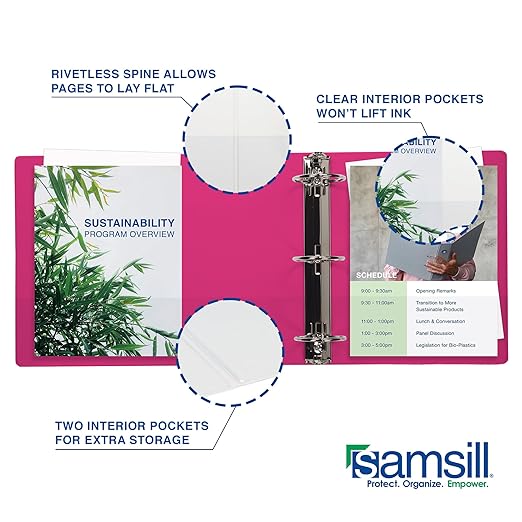 Samsill Durable 1 Inch Binder, D Ring Binder, Customizable Clear View Cover, Magenta, Holds 225 Pages