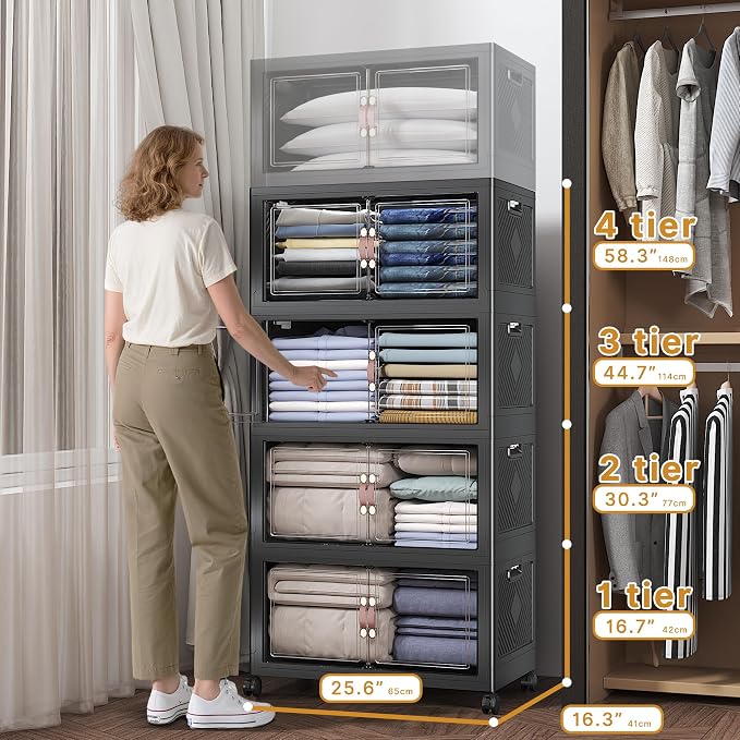 480QT Stackable Storage Bins with Lids, Doors & Wheels | Closet Organizers and Storage Cabinet , Lockable Plastic Foldable Drawers for Bedroom Dorm Office Garage（120QT*4,Black）