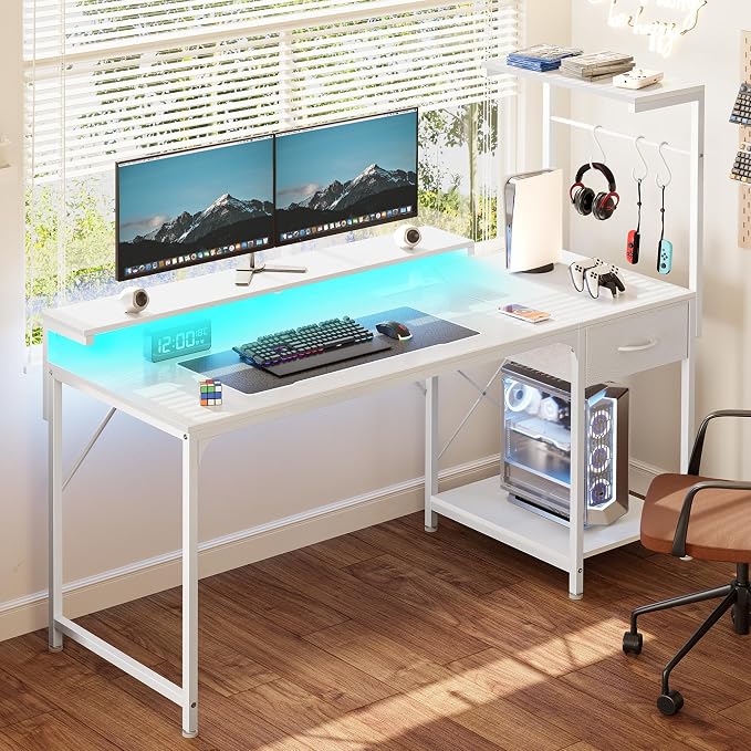55.1 Inch Gaming Desk with LED Lights & Power Outlets | Computer Desk with Drawer & Storage Shelves, Office Writing Desk with Monitor Stand for Work from Home, White