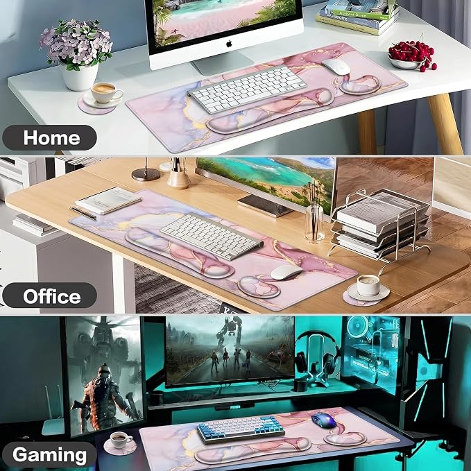 Large Mouse Pad with Wrist Rest, 4-in-1 Wrist Rest for Keyboard and Mouse | Non-Slip Waterproof Desk Mat Set, 35.4"x15.7" Desk Mat+Keyboard Wrist Rest+Mouse Wrist Support+Cup Coaster for Home Office
