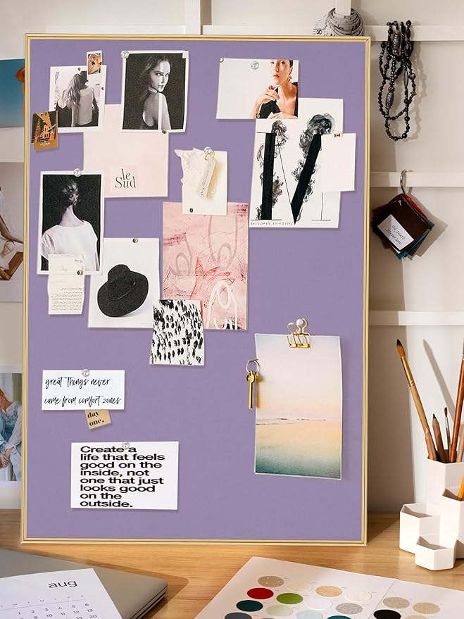 Bulletin Board 16 x 12 inches, Mystic Violet Pin Board, Golden Aluminum Framed Fabric Cork Board with 10 Push Pins