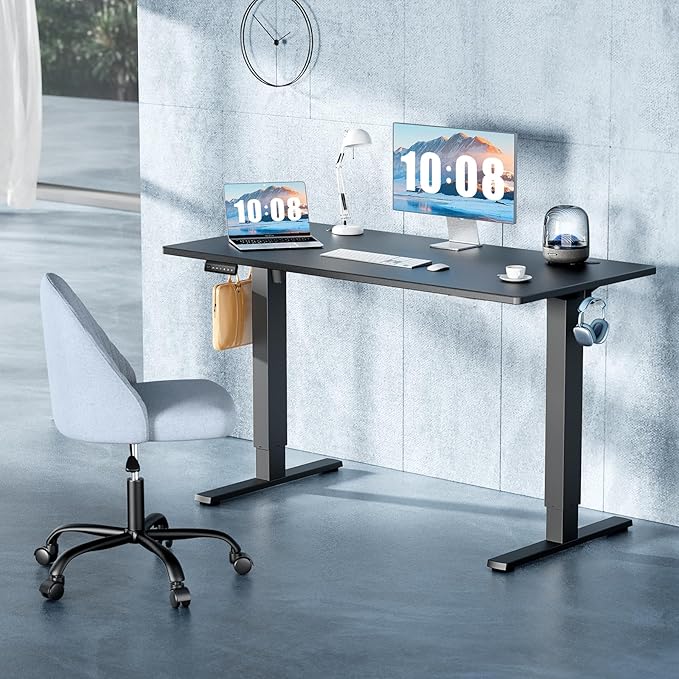DUMOS 63 Inch Electric Standing Desk, Memory Adjustable Home Office Desk | Sit Stand Up Desk for Work Home Office,Adjustable Desk, Rising Computer Table with Splice Board,Cable Management,Hook,Black