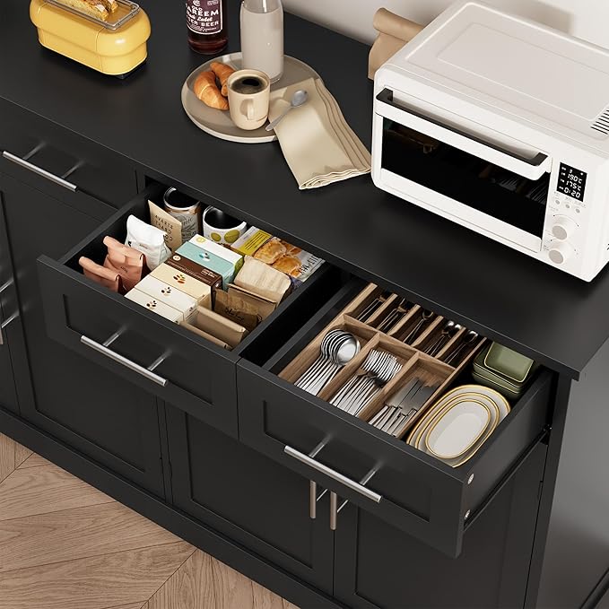 HOSTACK 60" W Sideboard Buffet Cabinet with Storage, Kitchen Cabinet, Black | 36 Tall Kitchen Buffet Storage Cabinet with 4 Drawer, Large Coffee Bar Cabinet, Modern Buffet Table for Dining Living Room