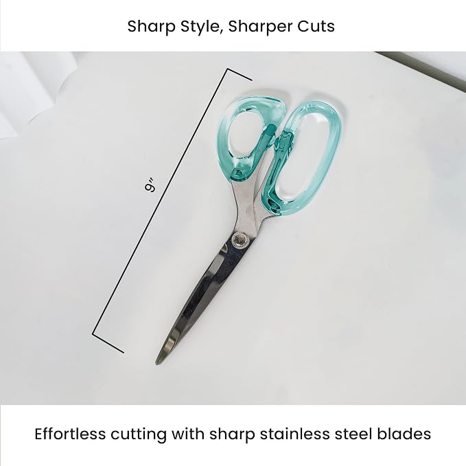 9” Stainless Steel Acrylic Scissors, Green with Silver Metal | Aesthetic and sharp all purpose scissors, Perfect for sewing, arts, and crafts, Stationery tools for office, and school