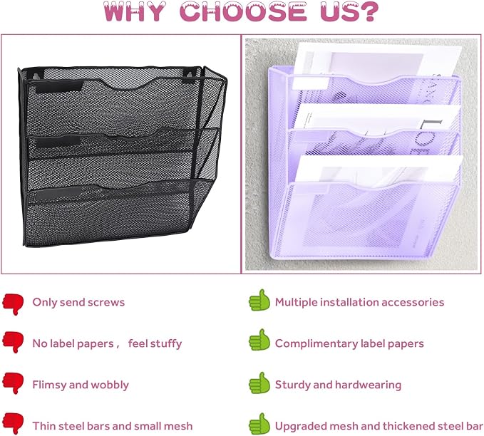 3 Pockets Mesh Wall File Holder Organizer Office Hanging File Folder Magazine Rack, Nametag Label Hooks Set Included (Purple)