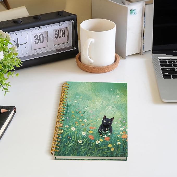 ROXMART Black Cat Wildflower Field Spiral Notebook, Black Cat Gifts Journal, Gifts for Cats Lovers, Rustic Floral Cute Kitty Kitten Hardcover Notebook Journal, 5.5x8.3 Inch