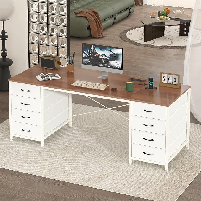 60 Inch Computer Desk with 8 Drawers for Home Office, Bedroom, Living Room | Home Office Desk with Power Outlets, Work Study Gaming Desk with 8 Fabric Drawers, Brown & White