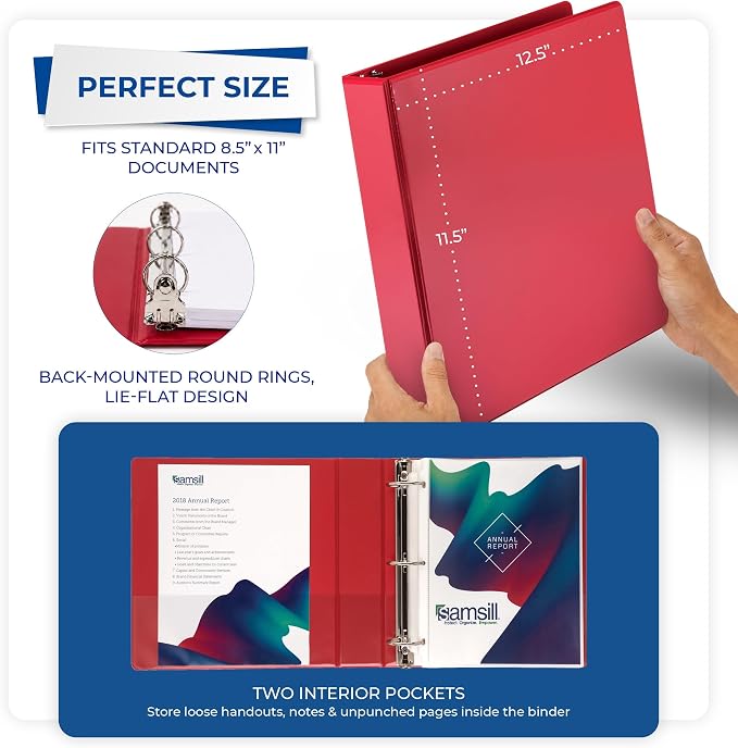 Samsill 2 Inch 3 Ring Binders, Economy Round Ring, Clear View Cover, 425 Sheet Capacity - for School, Home, Office - Red, 12 Pack