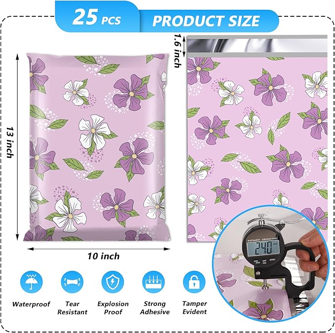 Poly Mailer 10x13 Inch 25 Pcs, Waterproof and Tear-Resistant Shipping Bags for Clothing, Strong Self-Sealing Mailing Bags with Purple Flower Printed Packaging