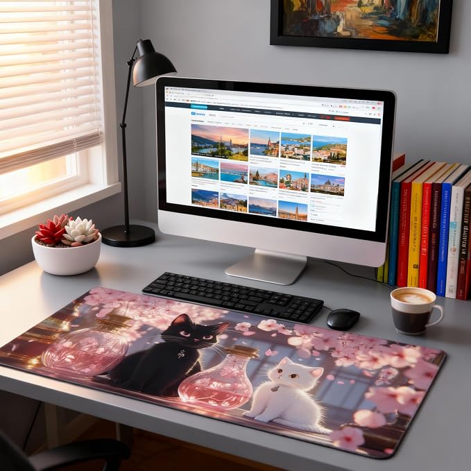 Cute Anime Black&White Cat Gaming Mouse Pad, Pink Dreamy Desk Mat with Anti-Slip Base & Stitched Edges,35.4" x 15.7" in Table Mat for Computer Desktop, Beautiful Workstation Decor