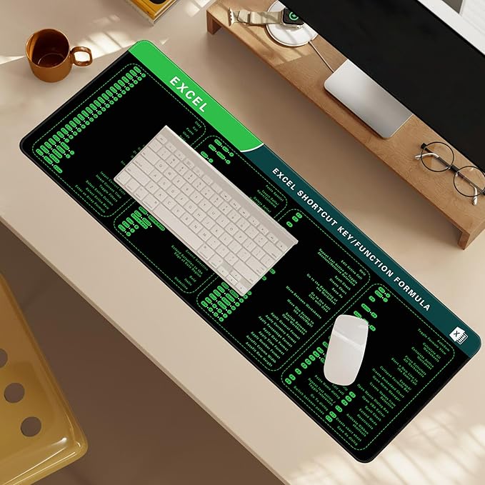 Excel Cheat Sheet Desk Pad, 31.5"x11.8", Waterproof Extra Large Excel Shortcut Mat with Stitched Edges, Anti-Slip Excel Mouse Pad for Office Desk, MS Excel/Word Shortcuts (Green Excel H)