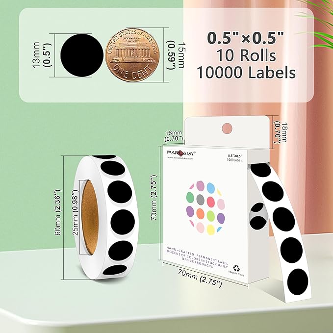 PARLAIM 1/2 Inch Diameter Dot Stickers, 10 Rolls 10000pcs Black Self-Adhesive Color-Code Dot Stickers Permanent Adhesive Round Circle Labels for Office