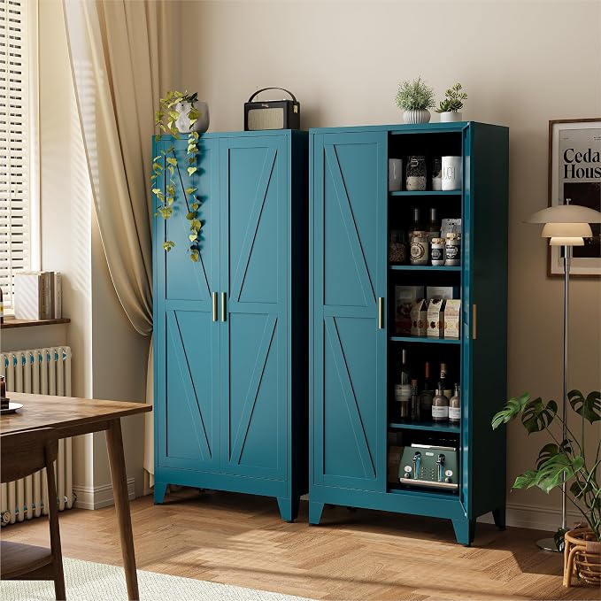 COFaR 71" Metal Pantry Cabinet in Peacock Blue, 5-Tier Storage with Adjustable Shelves, Modern Statement Cupboard for Kitchen, Bathroom & Living Room