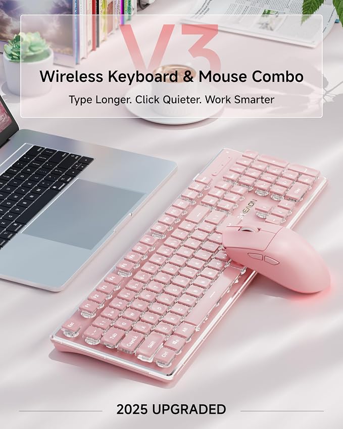 Wireless Keyboard and Mouse Combo with White Backlit Pudding Keycaps, Pink | Bluetooth & 2.4G Dual Mode, 2000mAh Rechargeable Full Size Quiet Computer Cute Keyboard for Windows PC Desktop, EWEADN V3