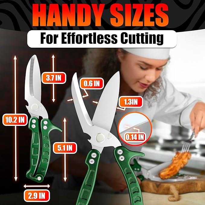 4-in-1 Stainless Steel Kitchen Shears – Sharp Seafood, Fish, Turkey & Chicken Cutting Scissors with Non-Slip Metal Handle & Micro-Serrated Blades – Spring-Loaded Bone Scissors with Safety Lock (Green)