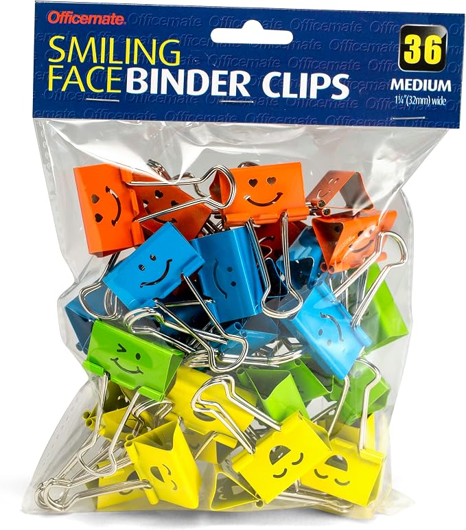 Officemate Smiling Face Binder Clips, Medium, Assorted Colors 36 Pcs, Paper Clamps for Office,Teacher Gifts, School and Home (31095)