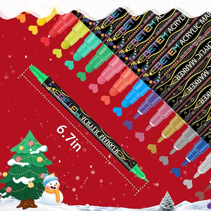Betem 36 Colors Dual Tip Acrylic Paint Pens Markers, Fabric Decorating Kits Premium Water-Based Acrylic Paint Markers for Fabric, Rock, Wood, Glass, Eggs, Canvas, Ceramic, Easter Basket Stuffers