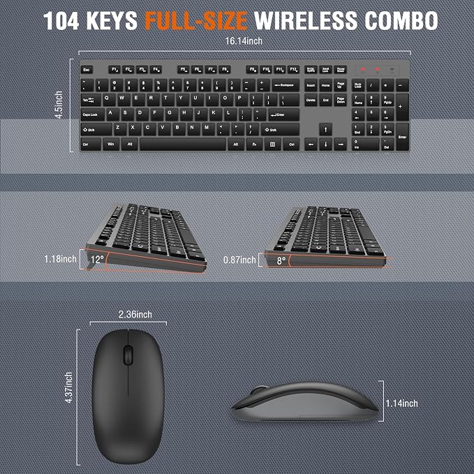 Wireless Keyboard and Mouse Combo, EDJO Silent Full Size Cordless USB Keyboard Mouse, 2.4GHz Lag-Free, Long Battery Life, for Computer, Laptop, PC, Chromebook, Windows (Grey, 1 Pack)