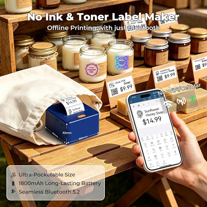 P1 Label Maker Machine 2" Portable Barcode Sticker Maker Printer, Thermal Label Maker for Small Bussiness, Home Organization, Bakery Shop, Office (with 1 Roll 2"x1.2"(50x30mm) Thermal Label)