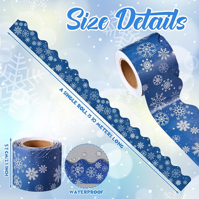 32.8 Ft Winter Snowflake Bulletin Borders Blue Scalloped Trim | Scalloped Edge for Classroom Boards, Blue Snowflake Winter Pattern, Spanish Style Office Trim, Holiday Decor