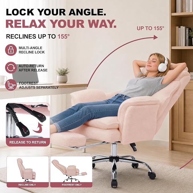 Criss Cross Office Chair with Wheels,Flip-Up Arms and Footrest, Pink | Cross Legged Office Chair, 30" Wide Seat, 7.87" Teddy Fleece Cushion, 155° Recline, 400 lb, Home Office or Vanity