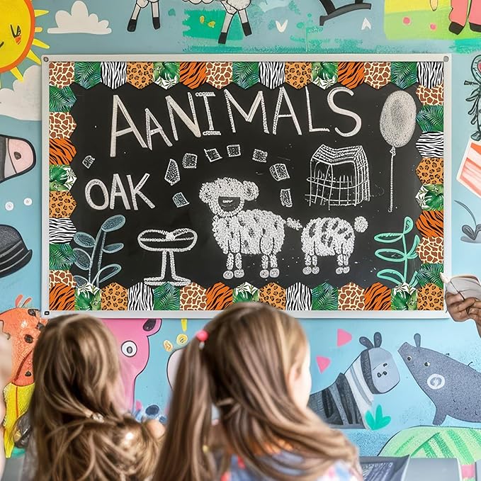 Whaline 32.8Ft Safari Bulletin Board Border Jungle Animal Print Leaves Die Cut Trim Border Roll for Back to School Safari Birthday Chalkboard Wall Decor