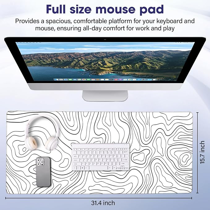 Professional Extended Gaming Mouse Pad - 31.5" x 15.7" Large Desk Mat with Stitched Edges, Waterproof Coating Non-Slip Rubber Base for Gamers Esports Pros Office Home, White Black