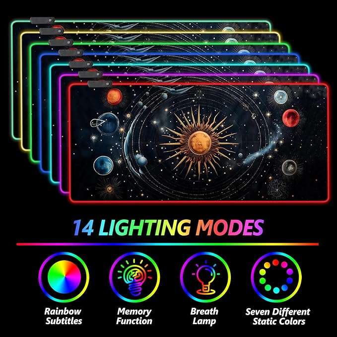 AIMSA RGB Mouse Pad LED Gaming Mouse Pad with 14 Lights Modes, Non-Slip Rubber Base Computer Carpet Desk Mat for PC Laptop (35.4 x 15.8 inch) Abstract Solar System