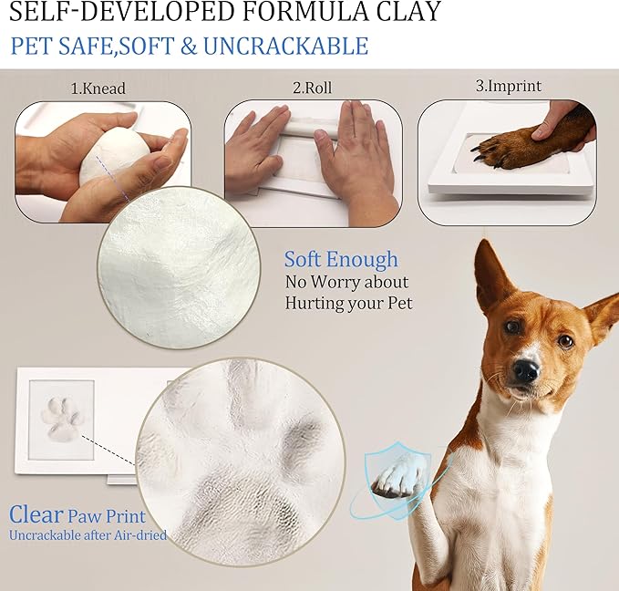 MYPAWLETS Extra Large Paw Print Frame Kit,Dog/Cat Paw Print Kit,Soft Pawprint Clay&Clean Touch Ink Pad,Pet Paw Print Impression Kit with Customization Tool,Wooden Pet Memorial Frame-Black
