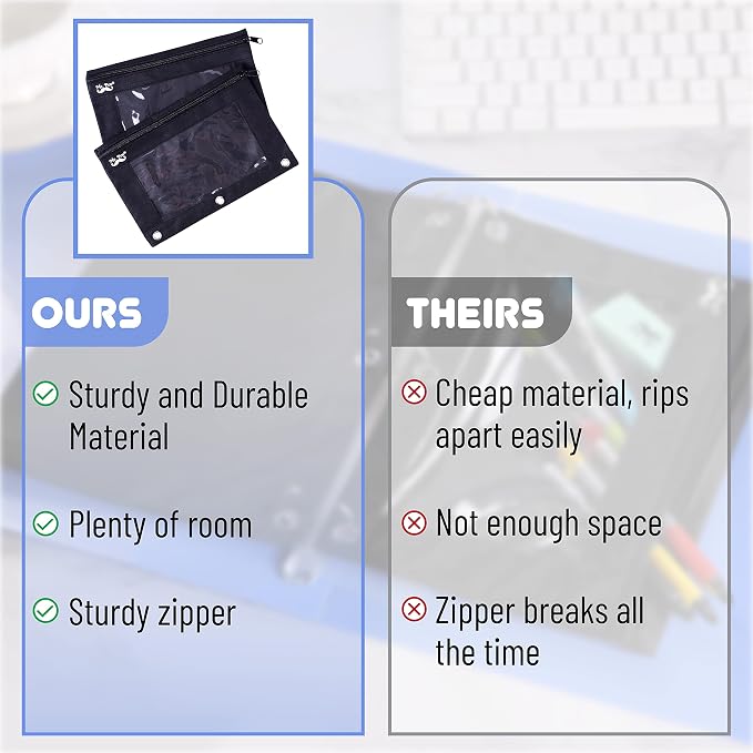 Mr. Pen Fabric Pencil Pouch with 3 Binder Holes, Black, Set of 2 (Pack of 2)