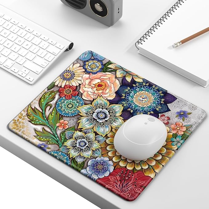 Mouse Pad, Minimalism Marble Style Computer Pad, Anti-Slip Rubber Mouse Mat with Stitched Edges for Gaming, Office, Laptop, PC, Women, 9" x 8" Thick 3 mm, Retro Flower